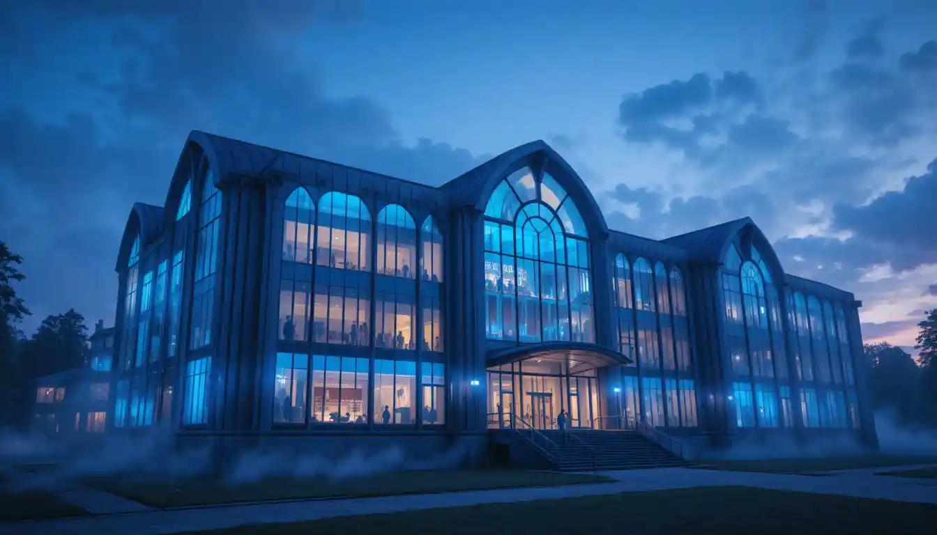 Edificio scolastico futuristico che brilla dolcemente sotto il cielo del crepuscolo