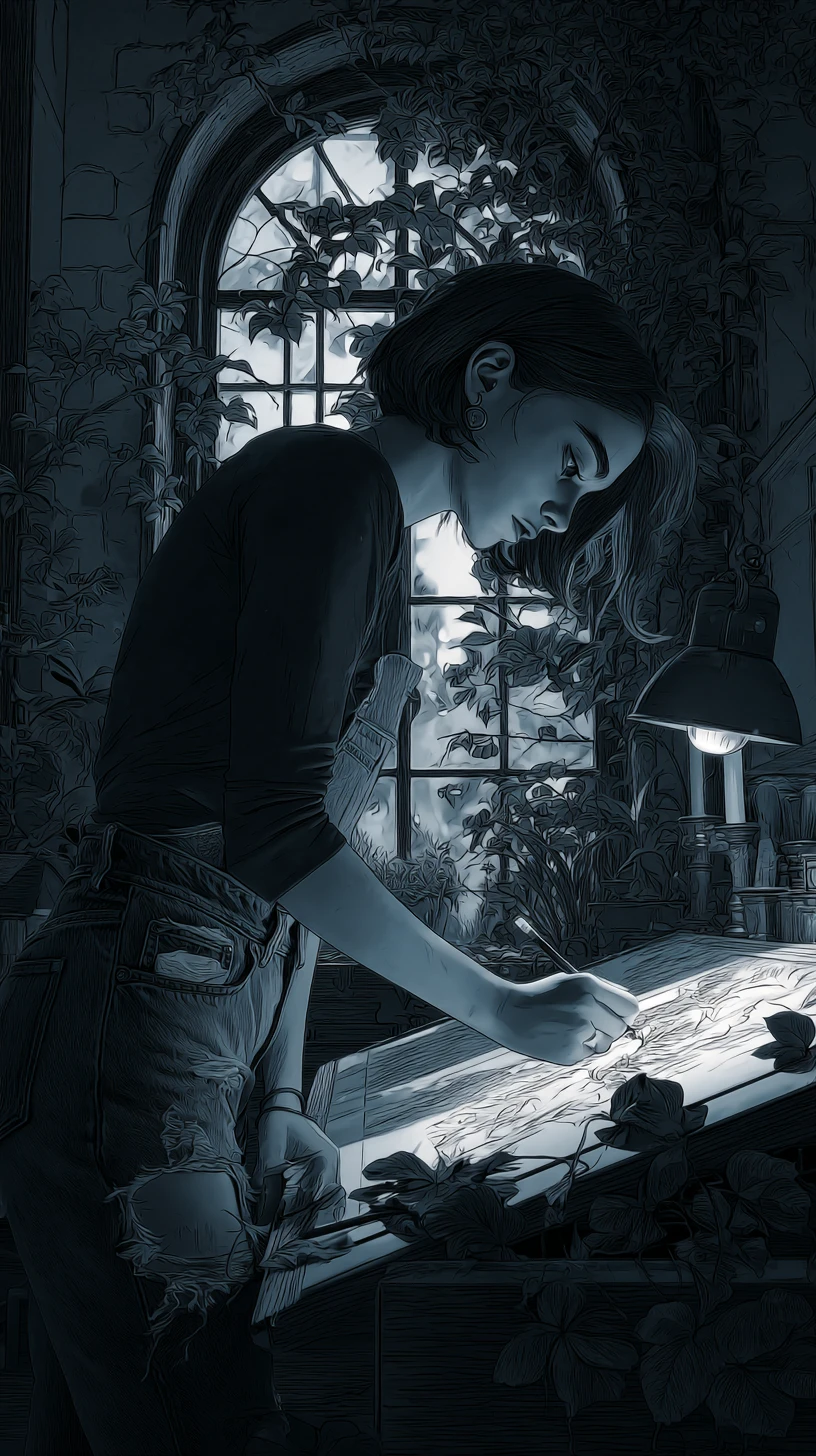 Female artist sketching at a drafting table by lantern light