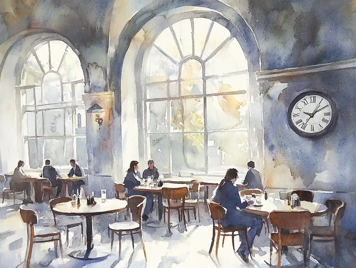 Interno di caffè ad acquerello con persone a tavoli rotondi