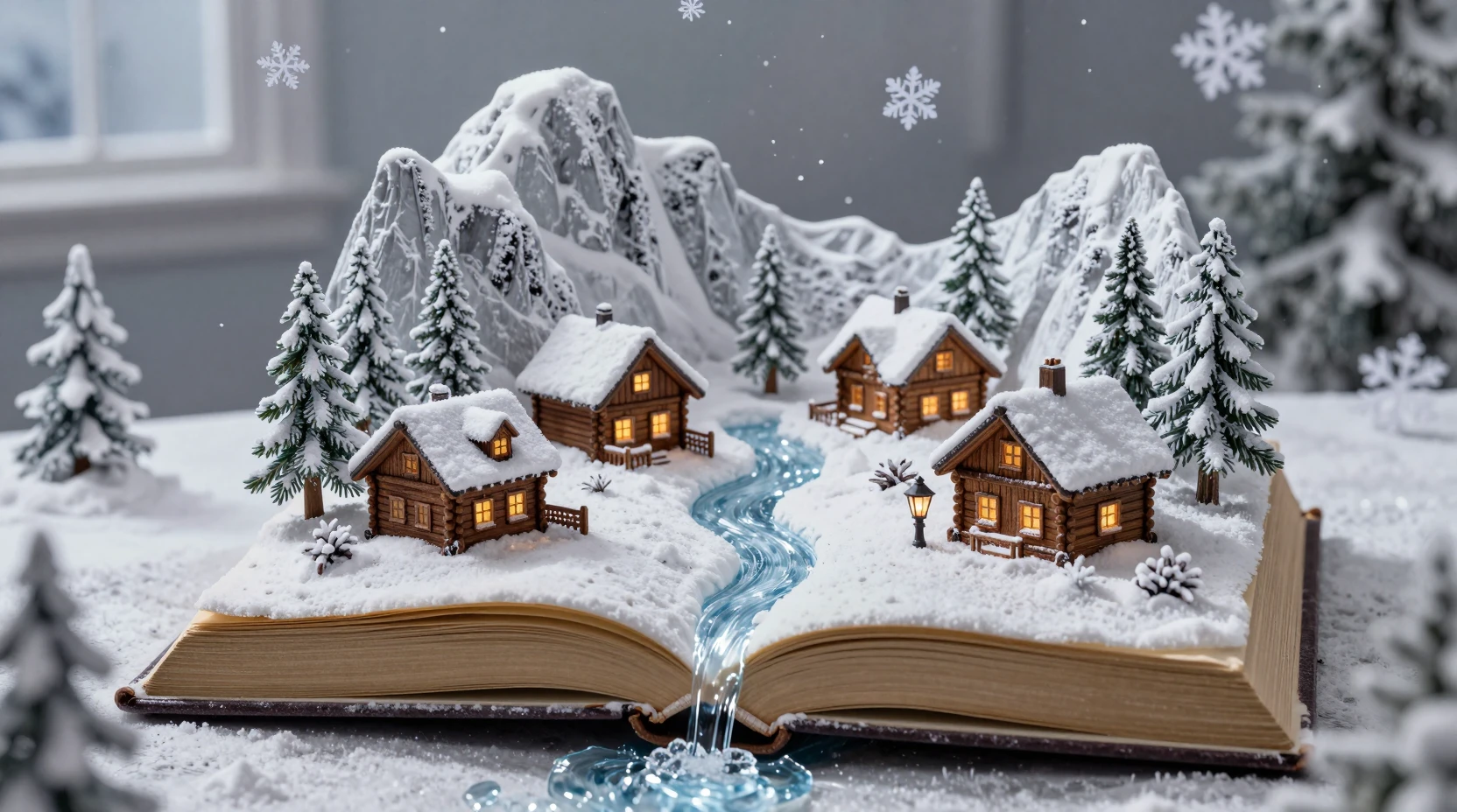 Villaggio invernale in miniatura che emerge da un antico libro aperto