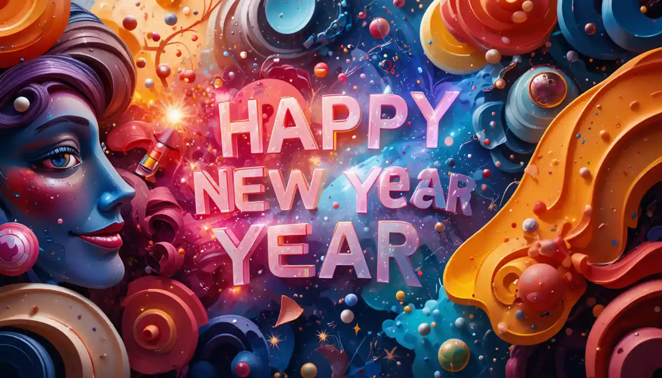 Festive 3D abstract faces in a vibrant new year scene