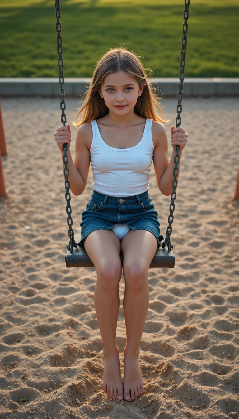 Young girl sitting on a playground swing at sunset