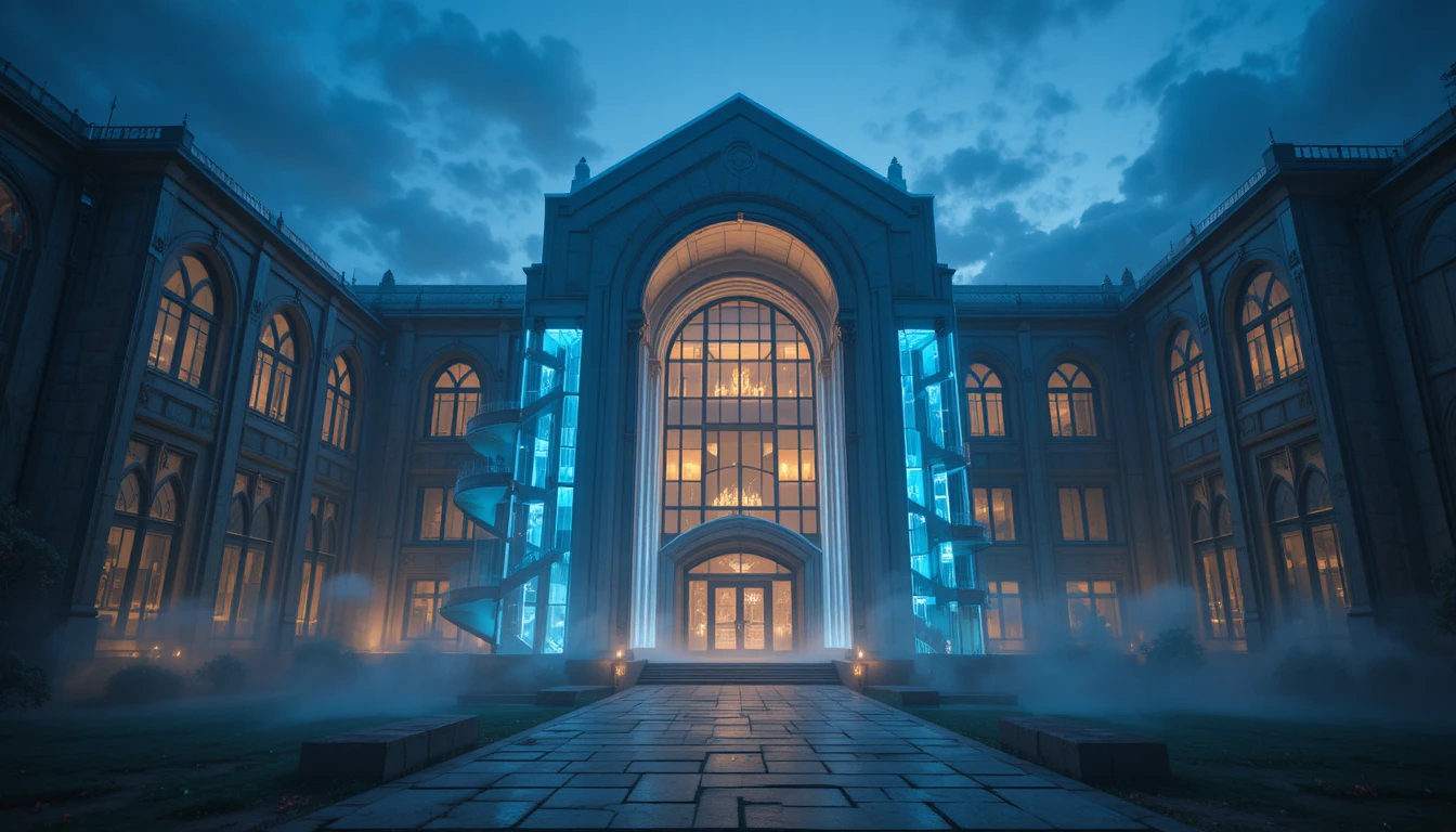 Edificio scolastico mistico che brilla dolcemente in un universo parallelo