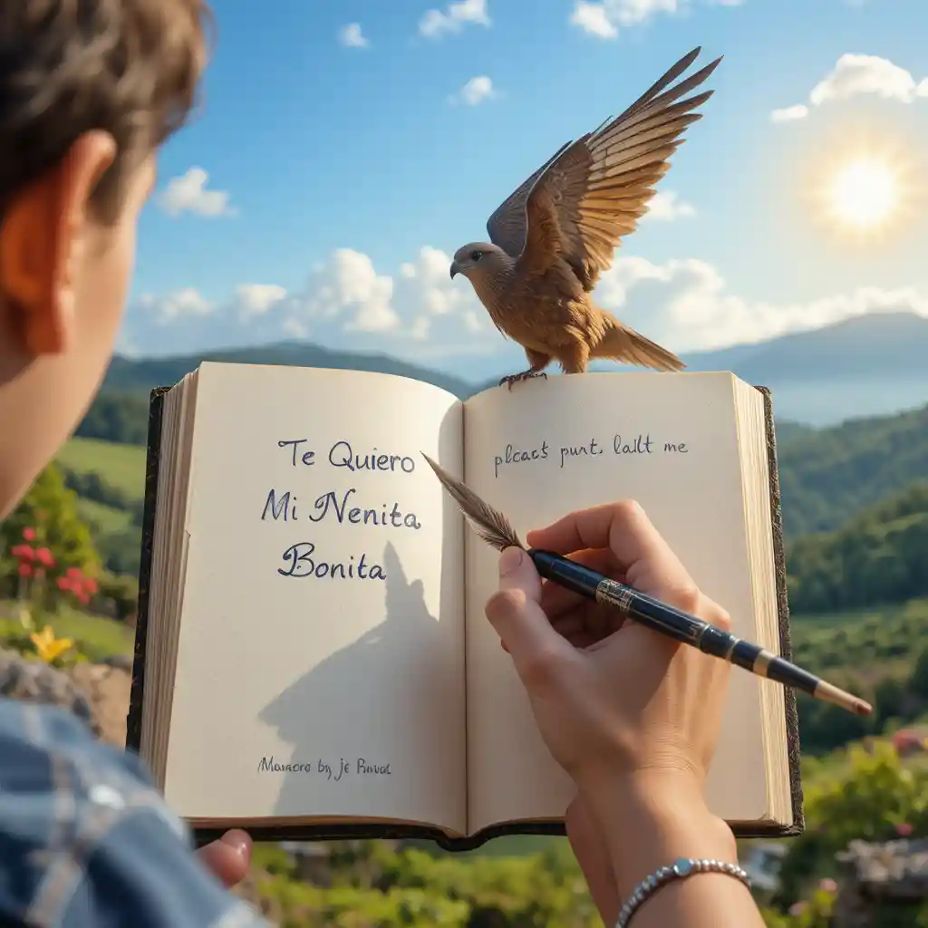 Close up of a boys hand writing with a feather pen