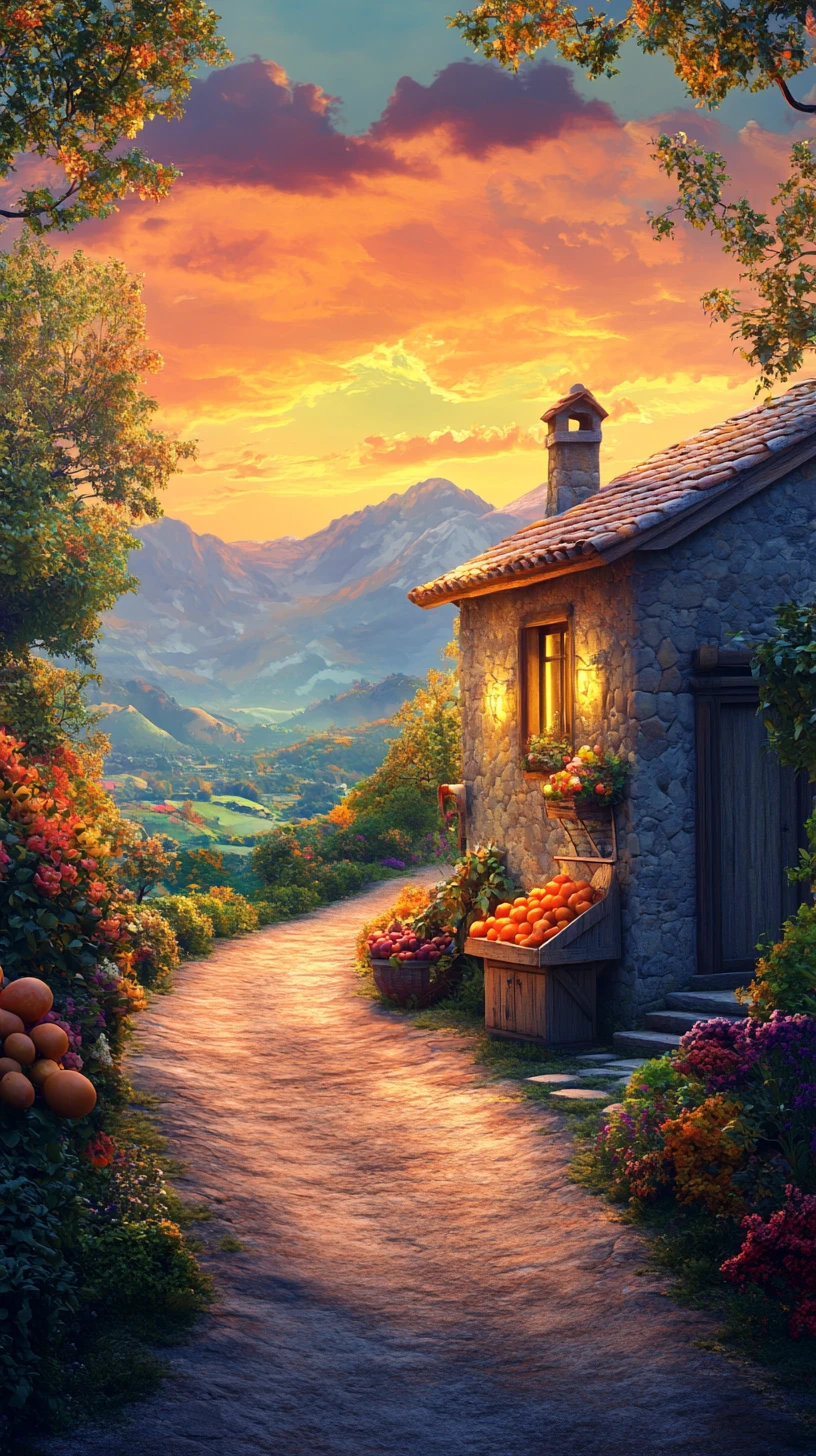 Cottage de campagne enchanté avec étal de fruits au coucher du soleil
