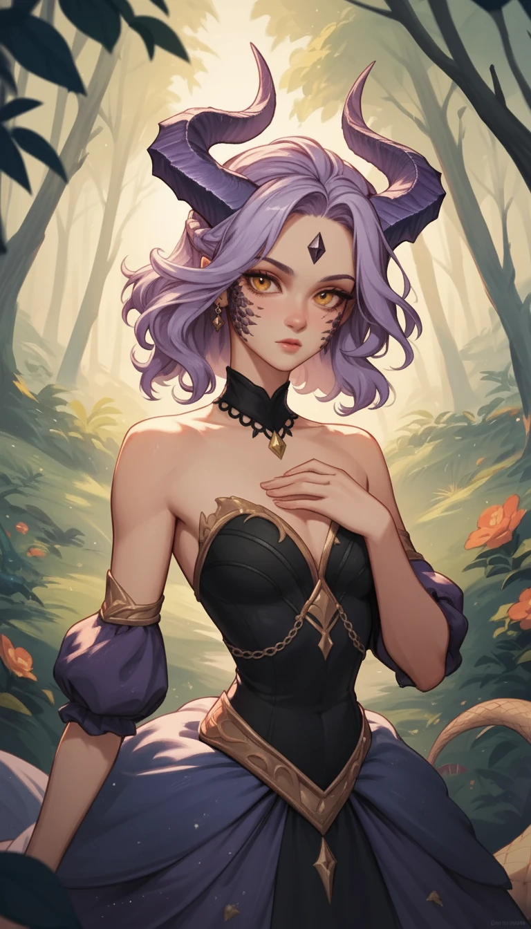 Garota de anime com chifres de dragão em vestido de gala preto ao pôr do sol