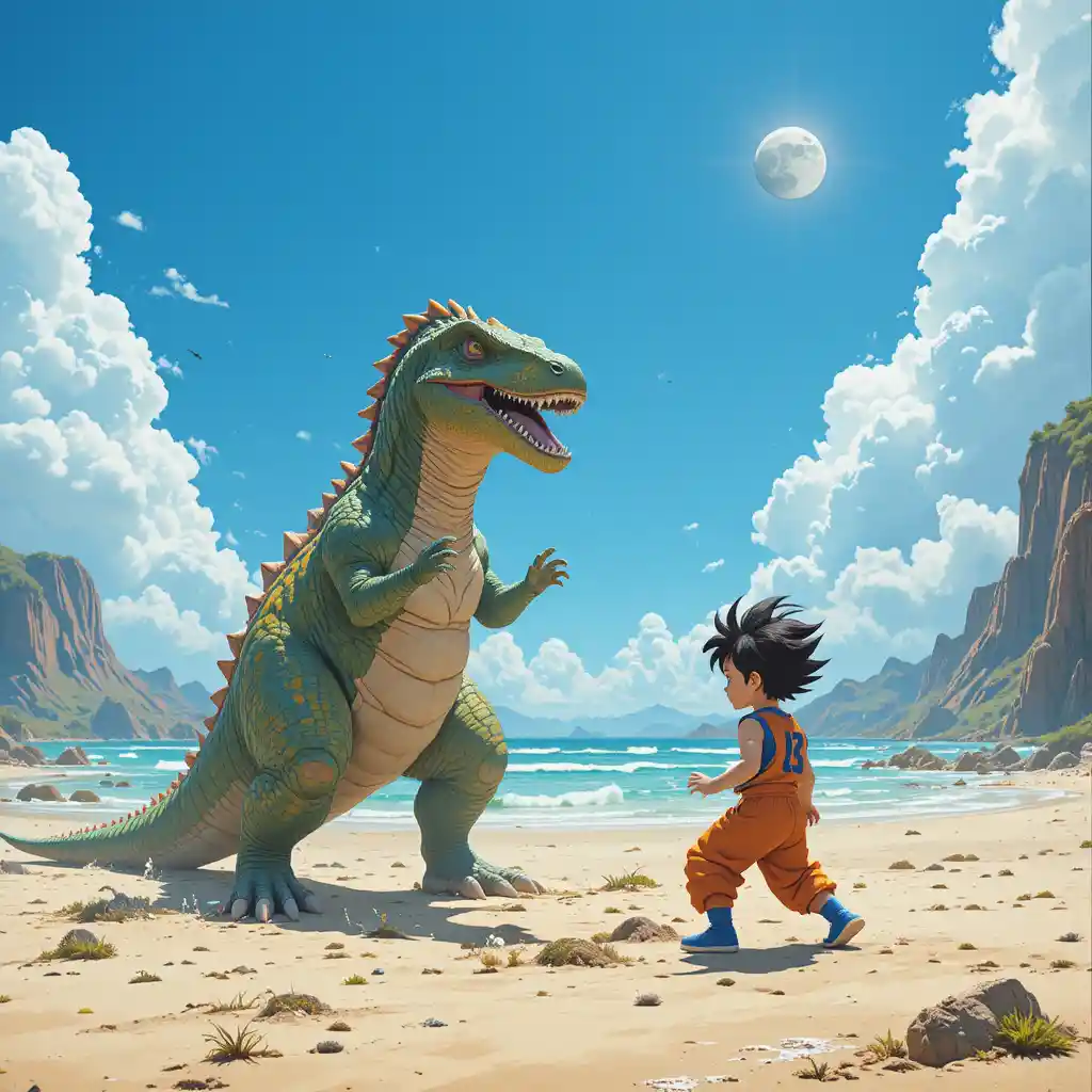 Boy fighting a dinosaur on a sunny beach