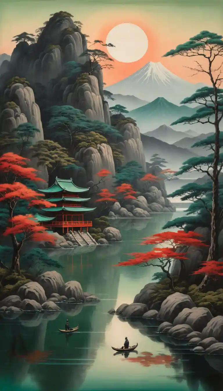 Serene Japanese mountain landscape with calm waters and panels