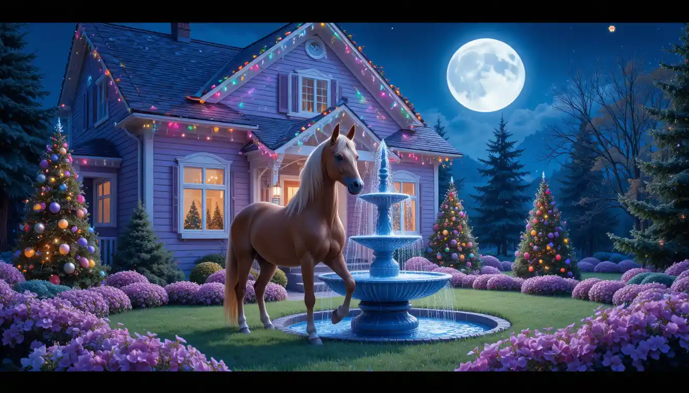 Tierna caballo marrón en un acogedor jardín delantero de noche