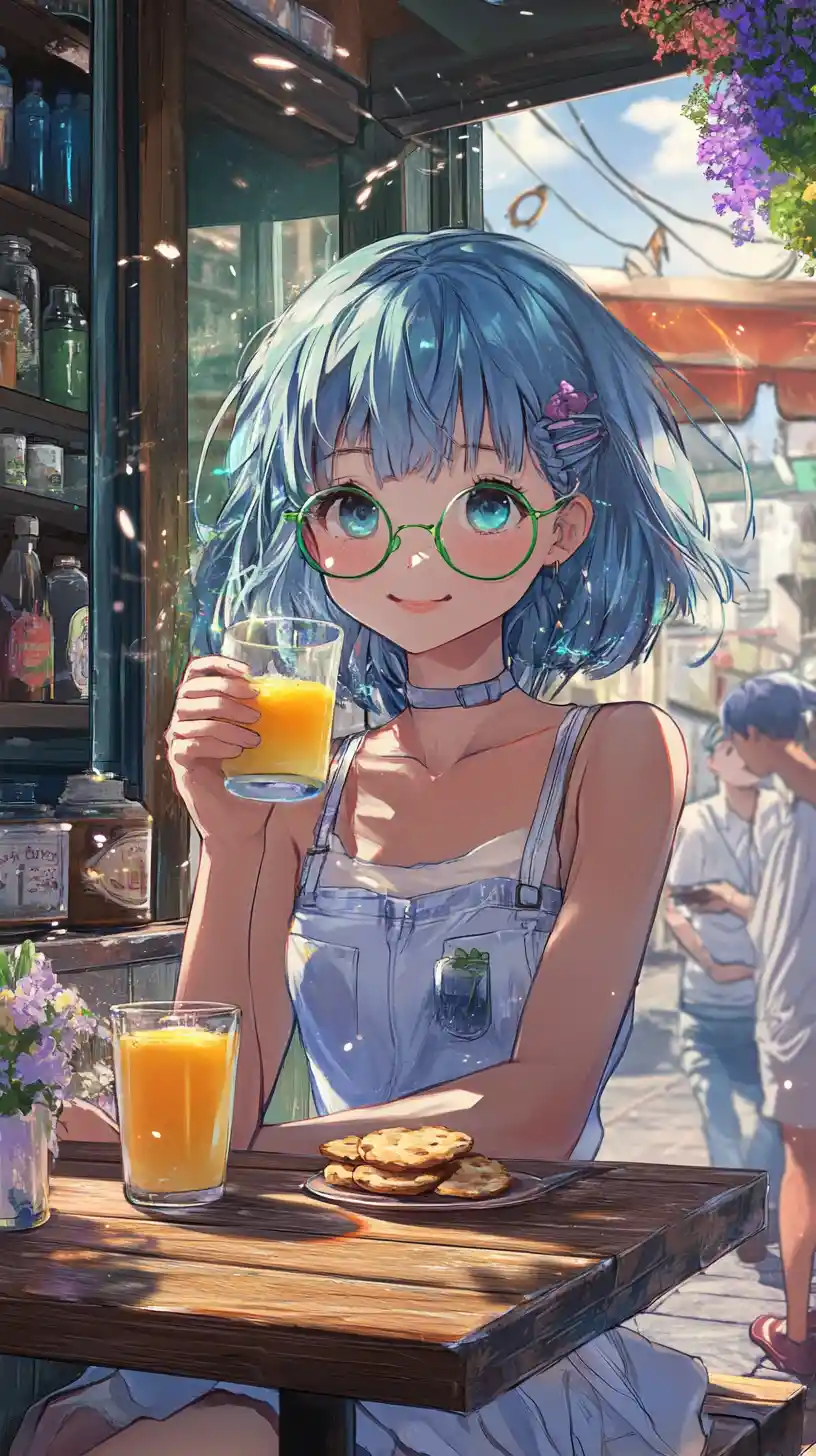 Anime girl relaxing with orange juice in a cozy cafe