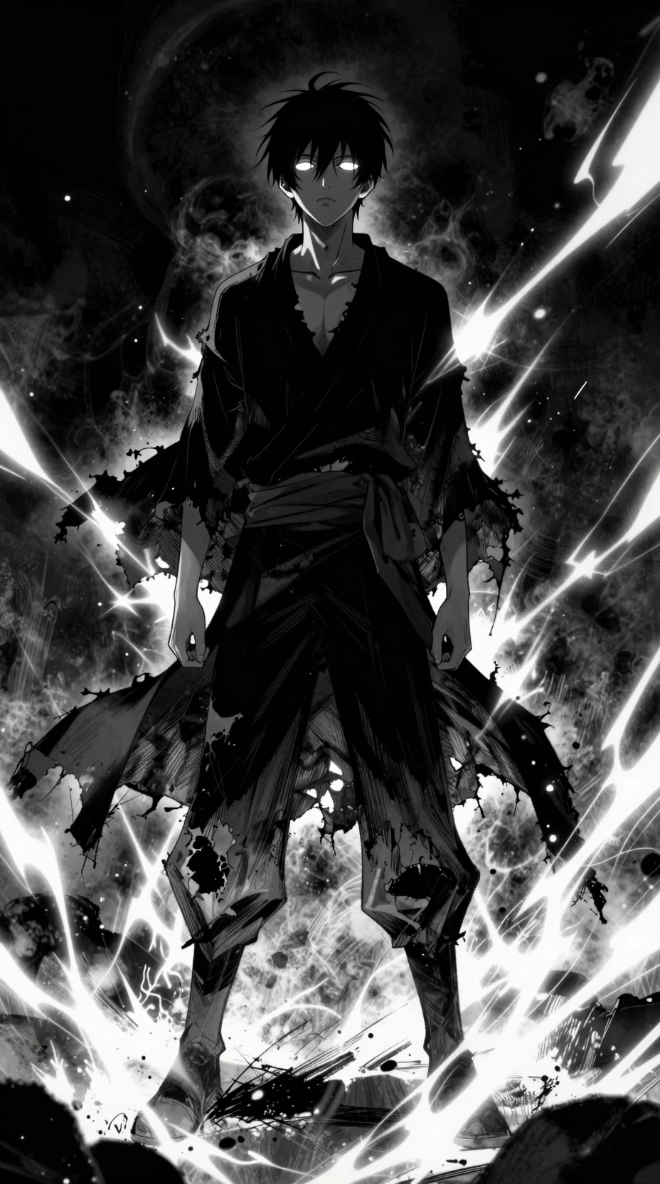 Garoto de anime solitário em chamas com olhos frios e brilhantes
