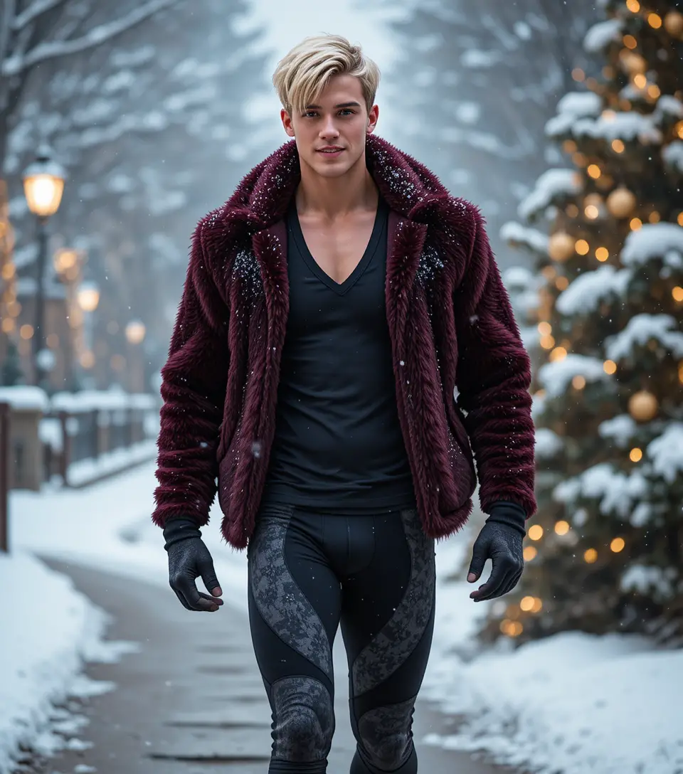 Jeune homme blond marchant dans une rue hivernale près d’un sapin de Noël
