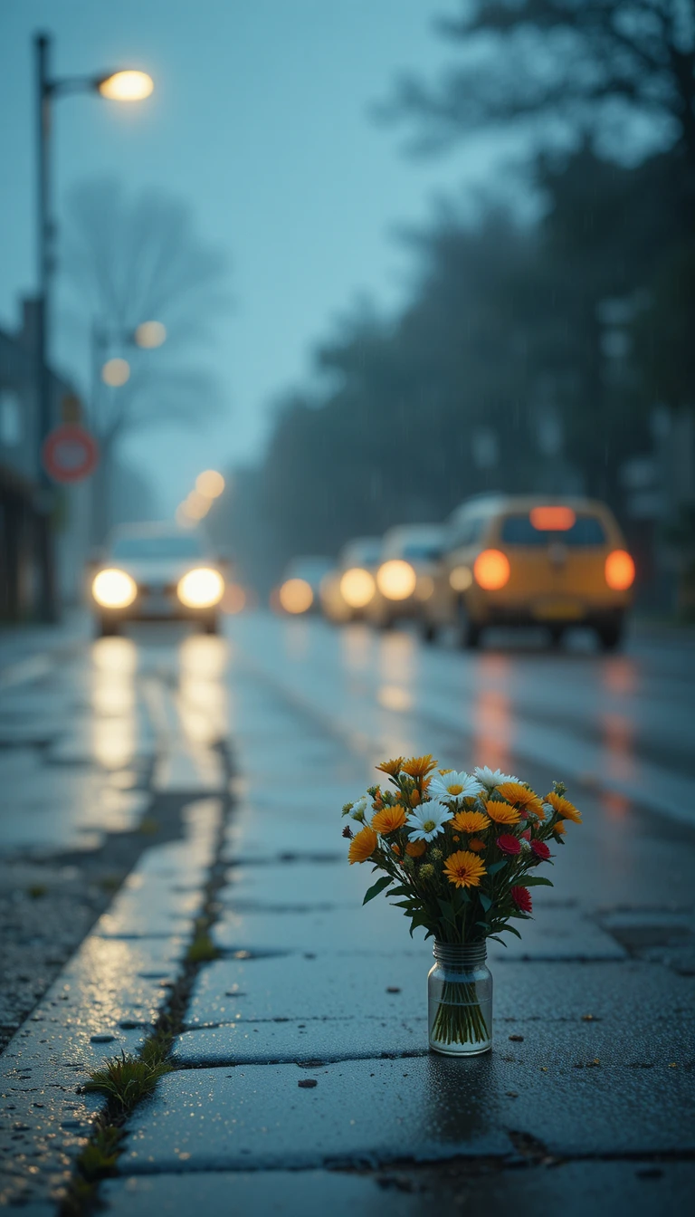 Kleiner Blumenstrauß unter einer Straßenlaterne in der regnerischen Nacht