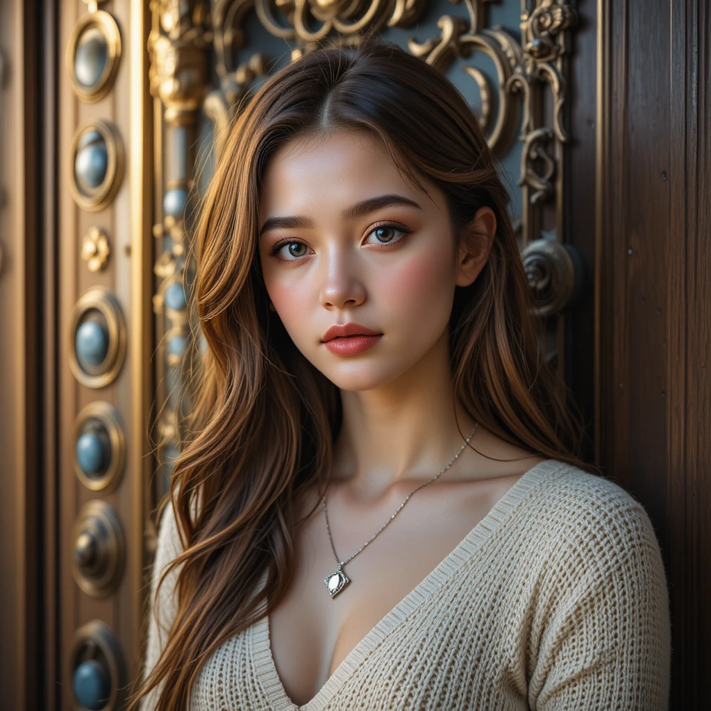 古董木門前沉靜年輕女子肖像