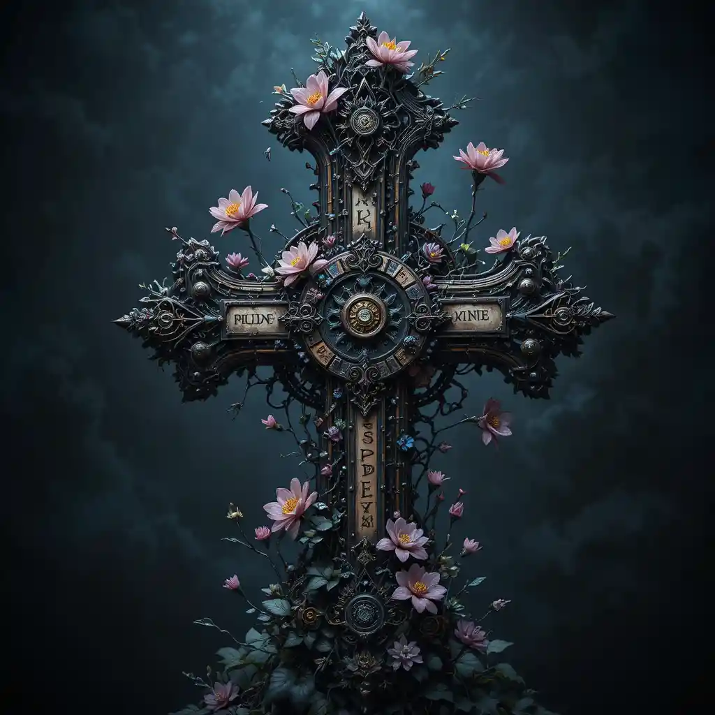 Whimsical steampunk cross with glowing bioluminescent flowers