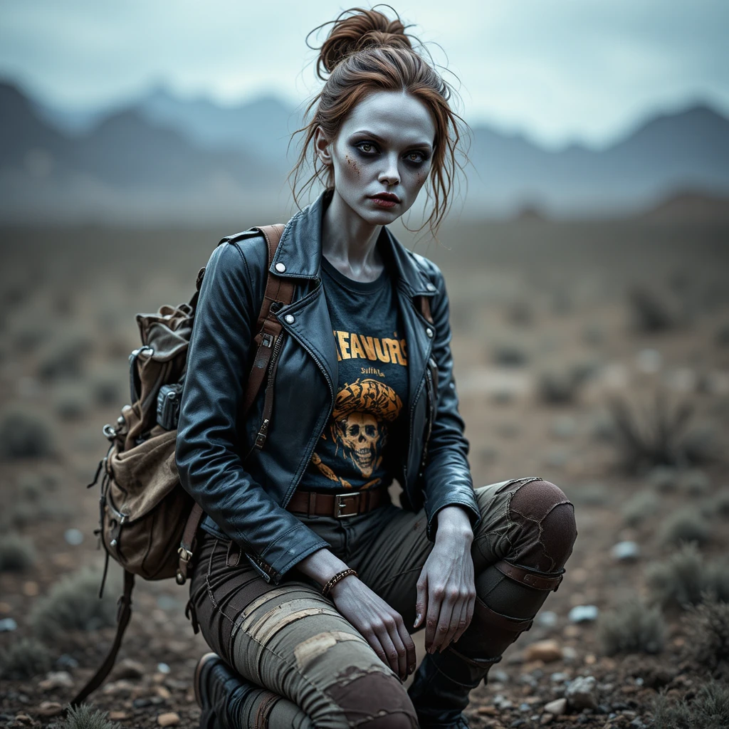 Ghoul woman kneeling in a deserted post apocalyptic wasteland
