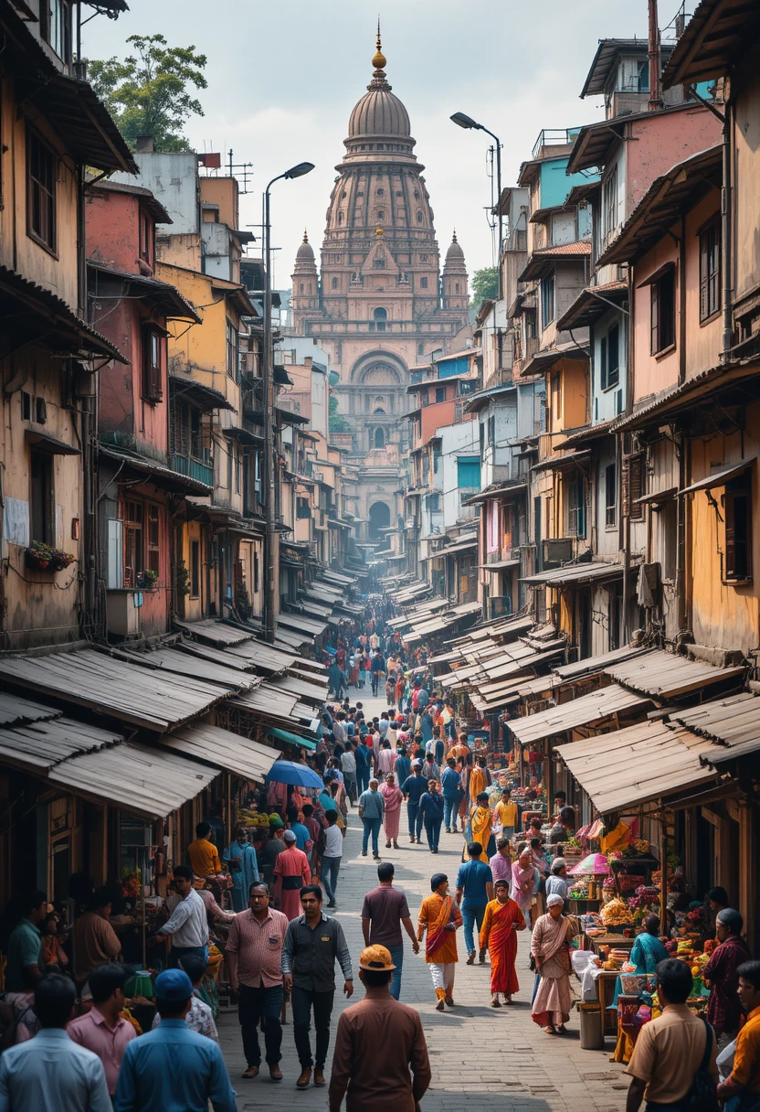 Belebte indische Stadtstraße mit Märkten und farbenfrohen Gebäuden