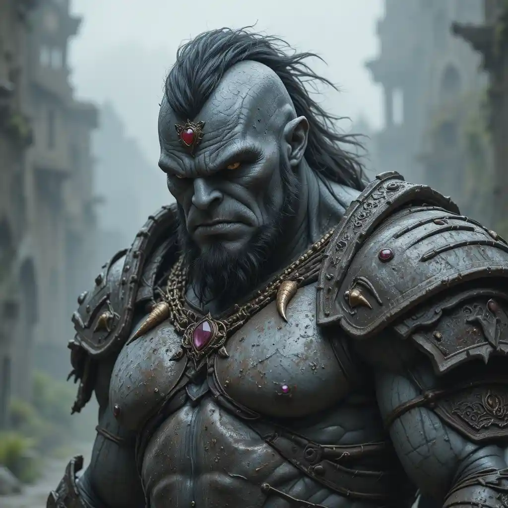 Fierce male orc warrior in revealing armored battle attire