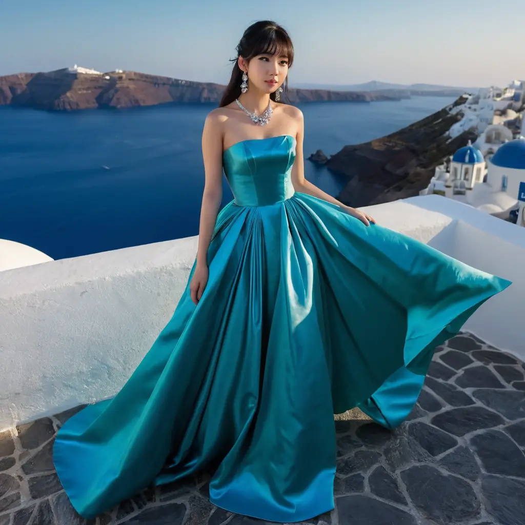 Mulher elegante em vestido de cetim tosca à noite em Santorini