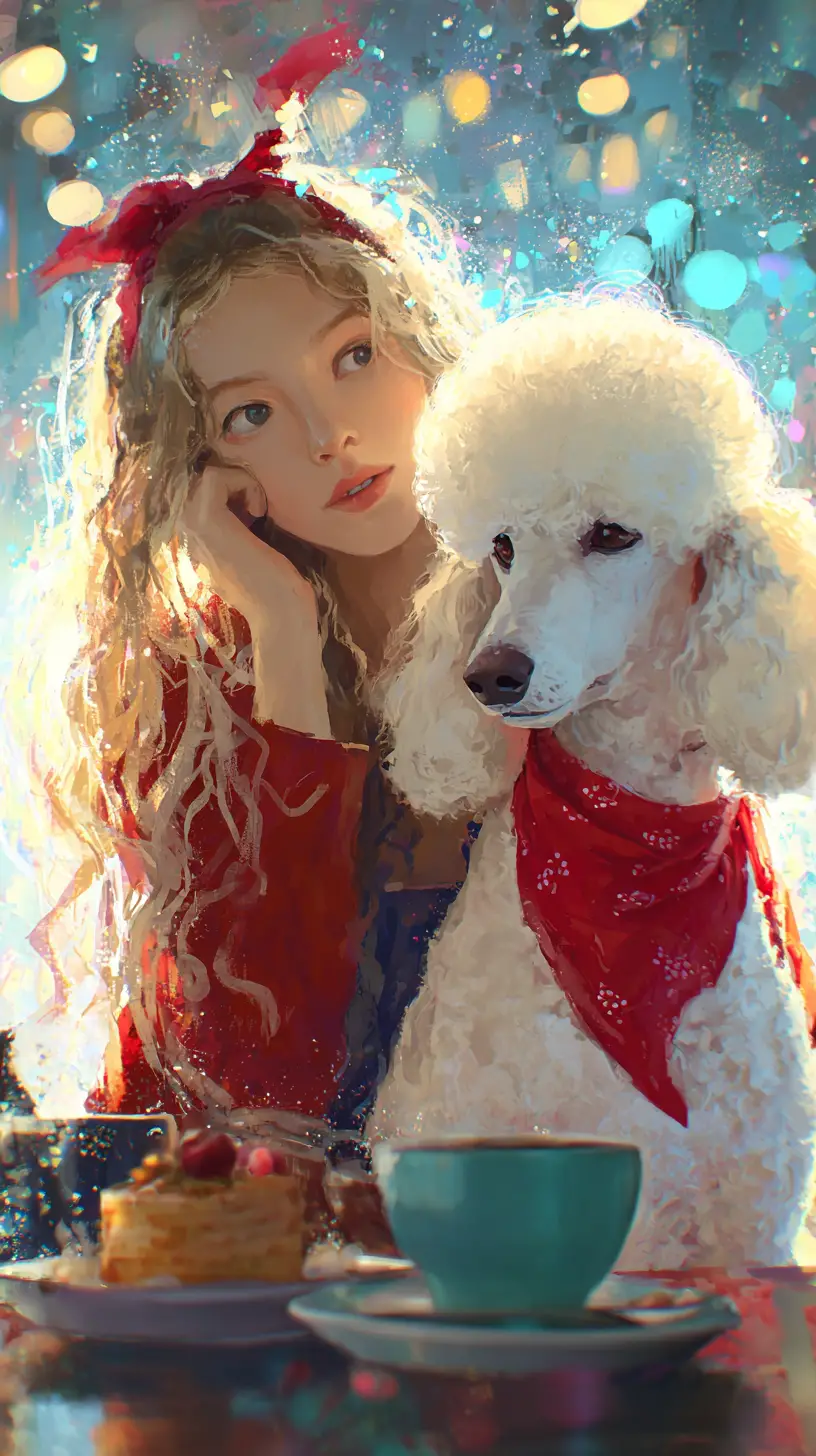 夢幻咖啡館裡的年輕女子與白色貴賓犬