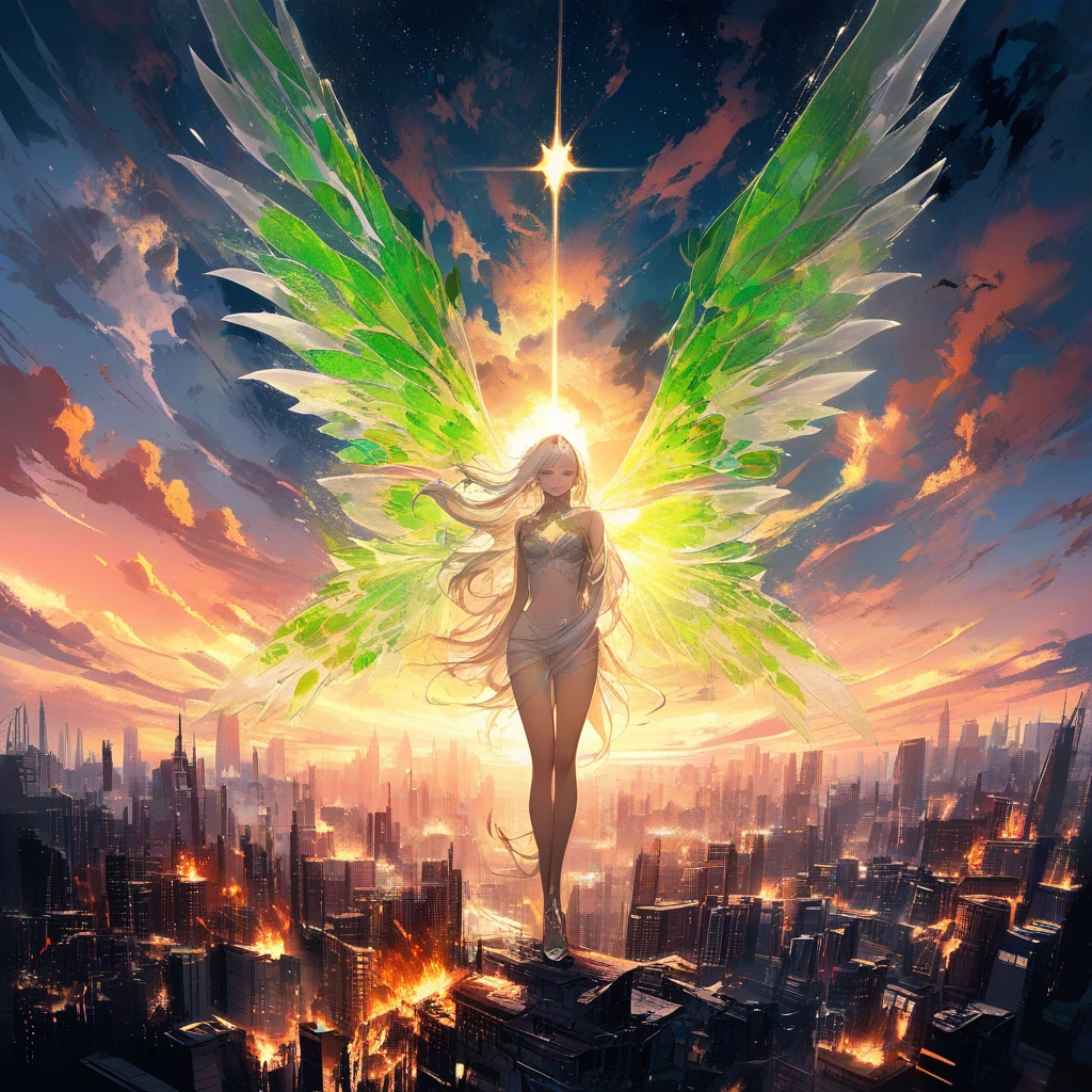 Anjo com asas translúcidas sobre uma cidade em chamas ao pôr do sol