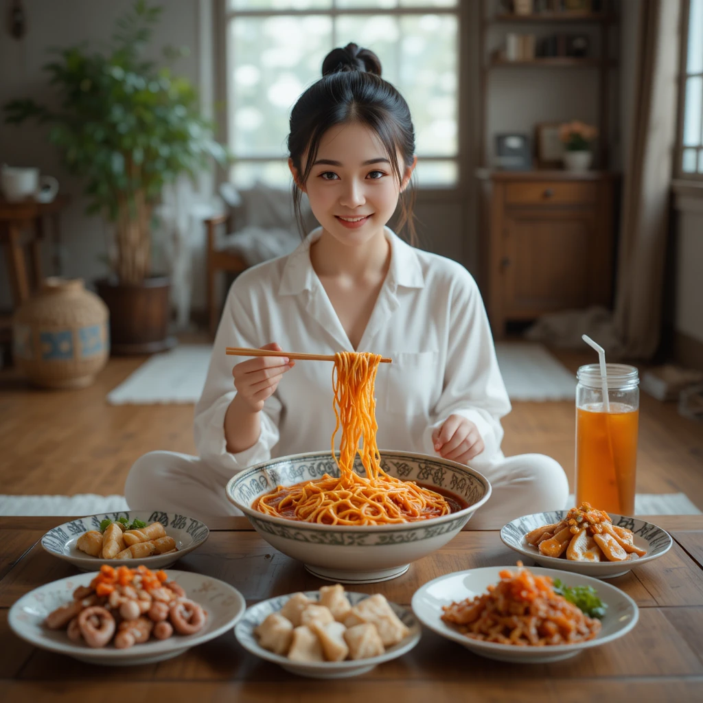 아늑한 집 안에서 매운 국수를 먹는 중국인 소녀