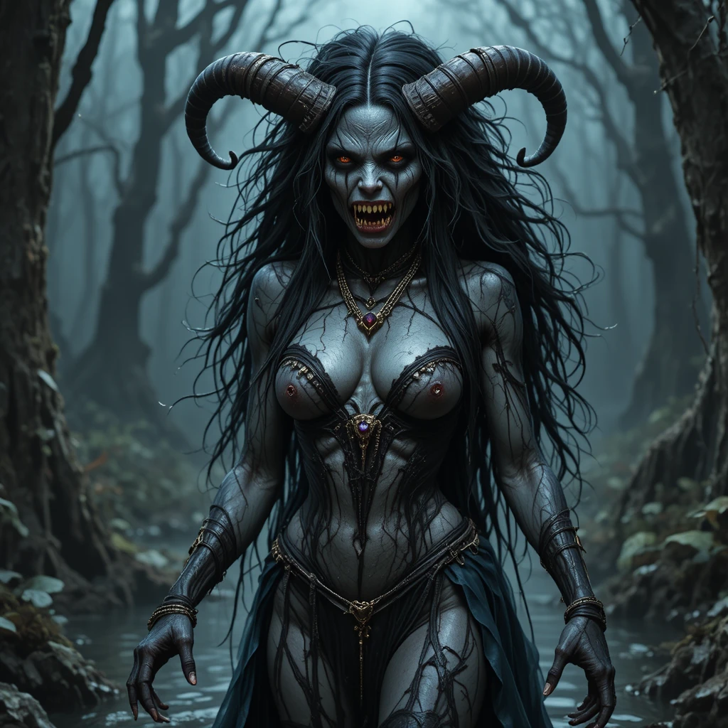 Beautiful night hag standing alone in a misty swamp