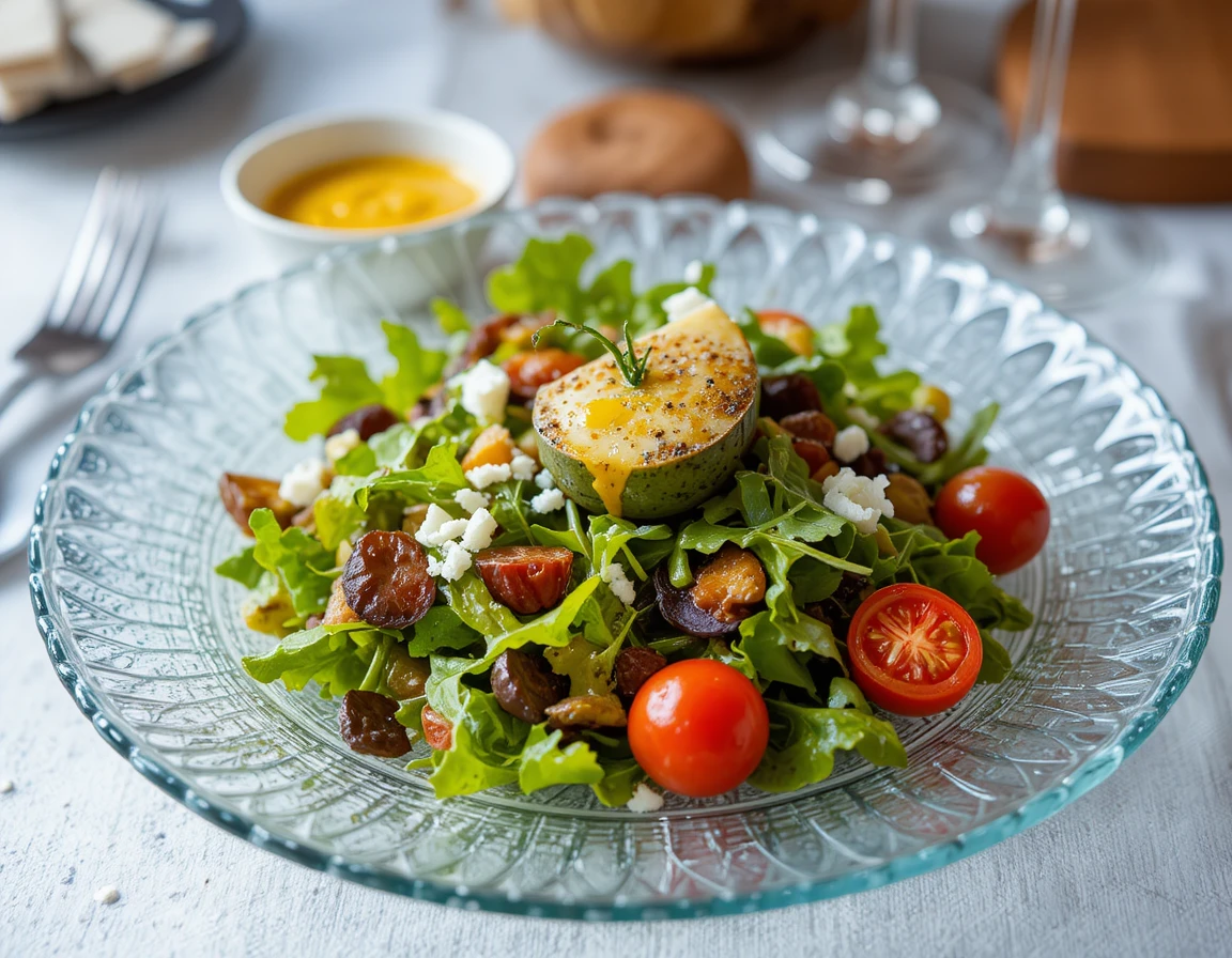 Ensalada gourmet en plato de cristal estampado con queso y mostaza