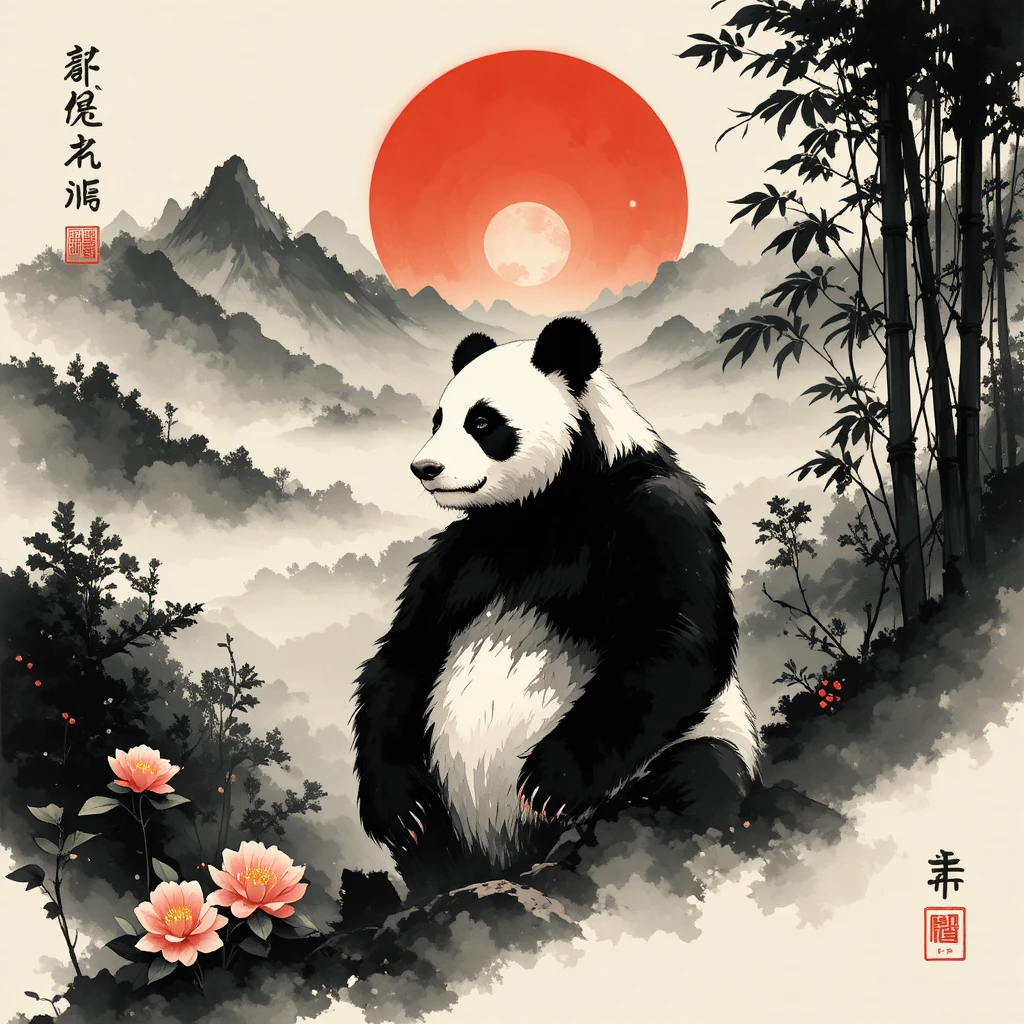 Panda Guerreiro em Sereno Bosque de Bambu em Pintura a Tinta