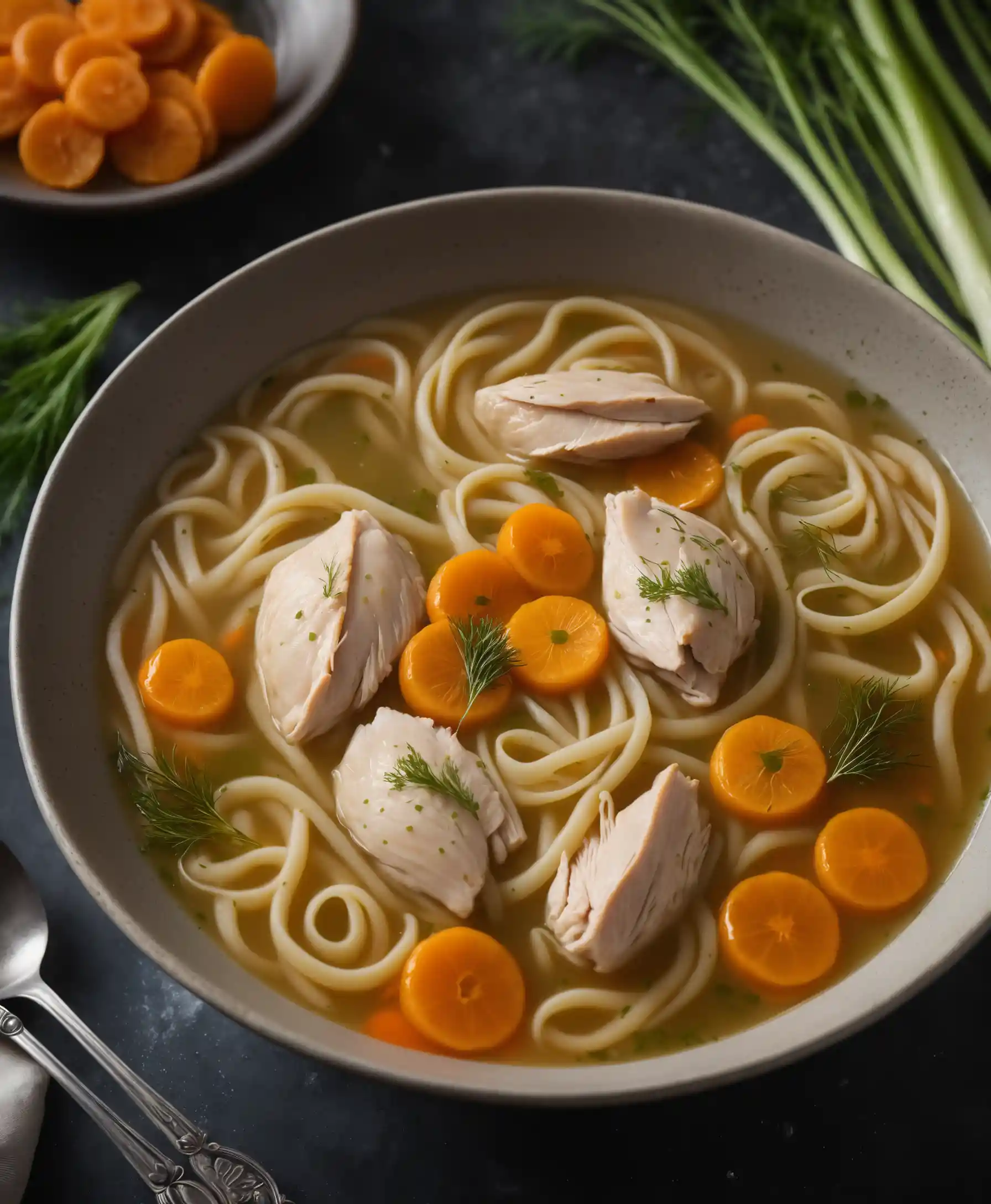 昏暗廚房裡熱騰騰的雞肉麵湯