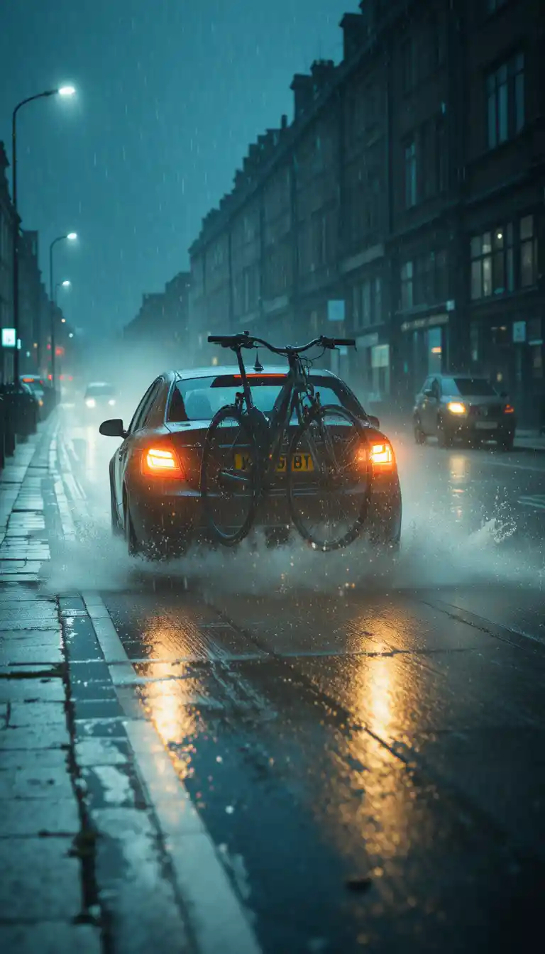 Bremsendes Auto auf regennasser Londoner Straße mit fliegendem Fahrrad