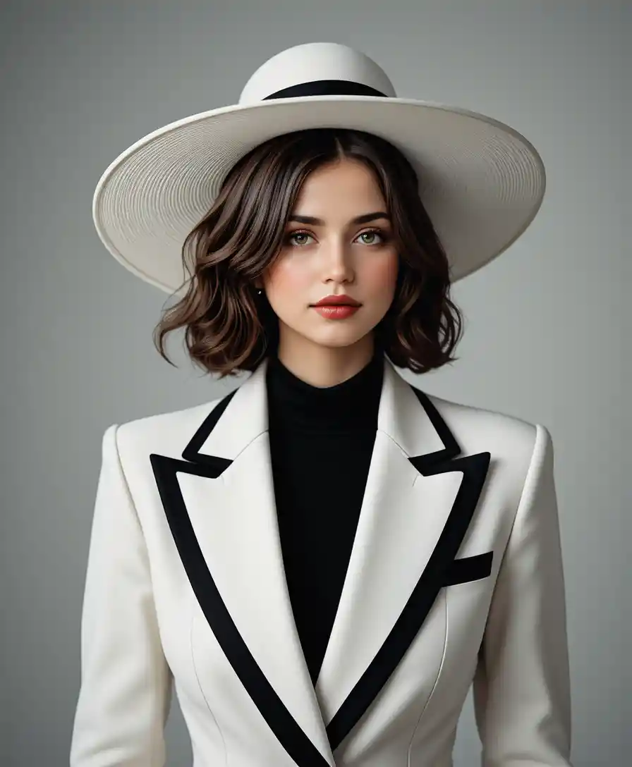 Ritratto di donna elegante in tailleur bianco e cappello a tesa larga