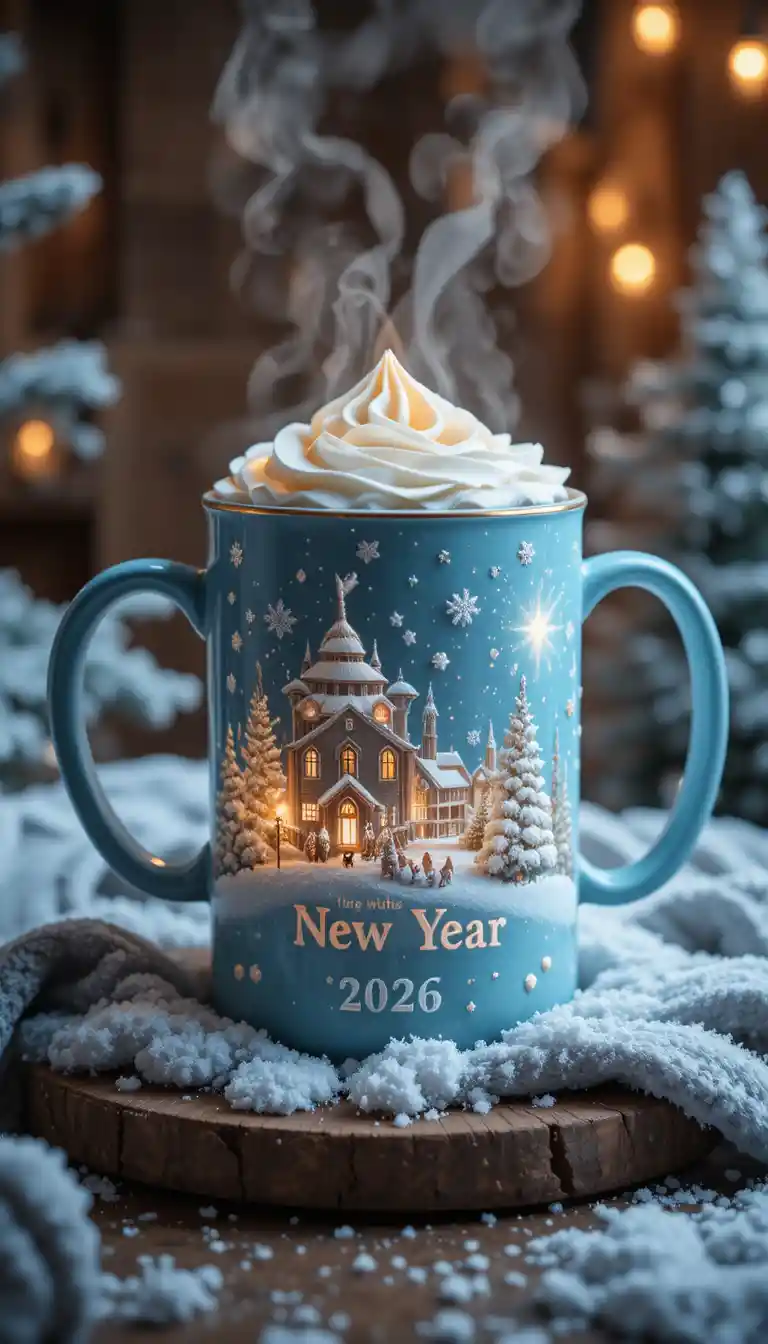 Hellblaue Weihnachts­tasse mit dampfender heißer Schokolade