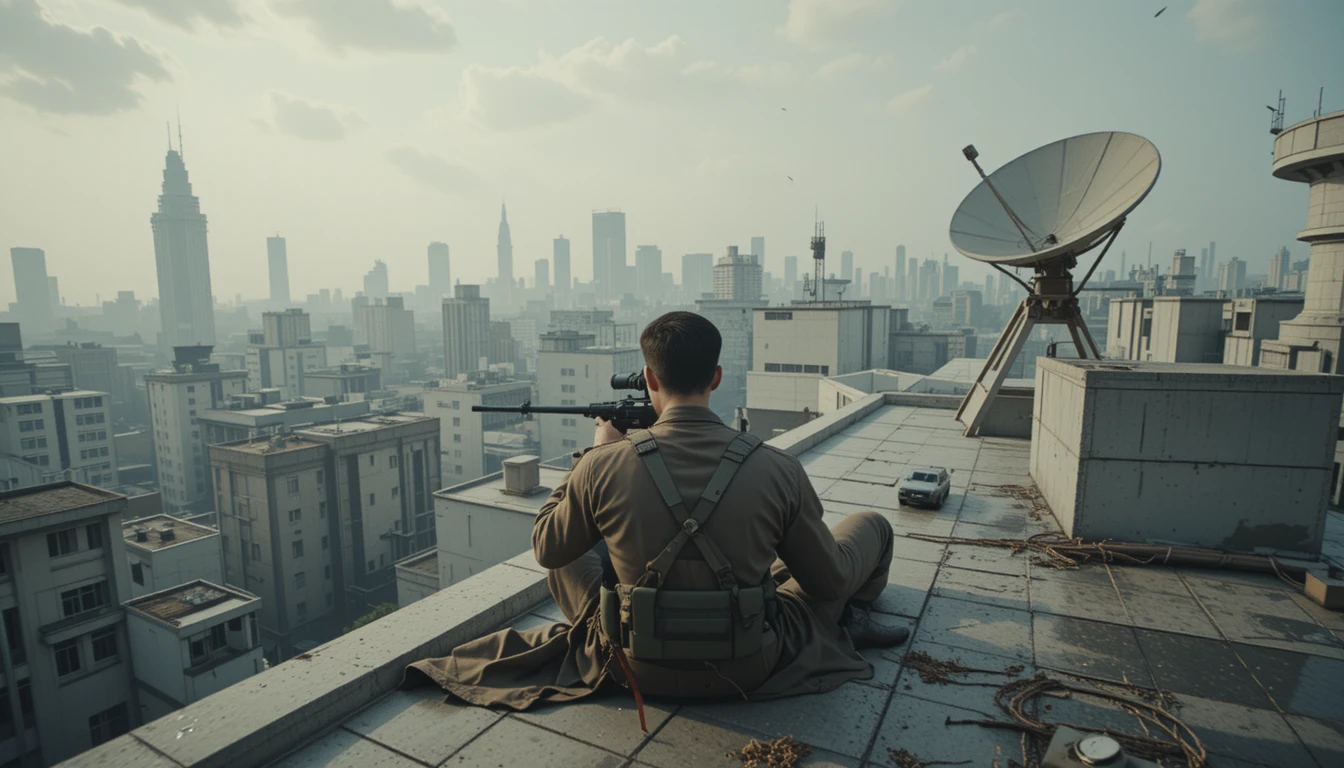 Sniper visant les toits venteux de la ville depuis un gratte‑ciel