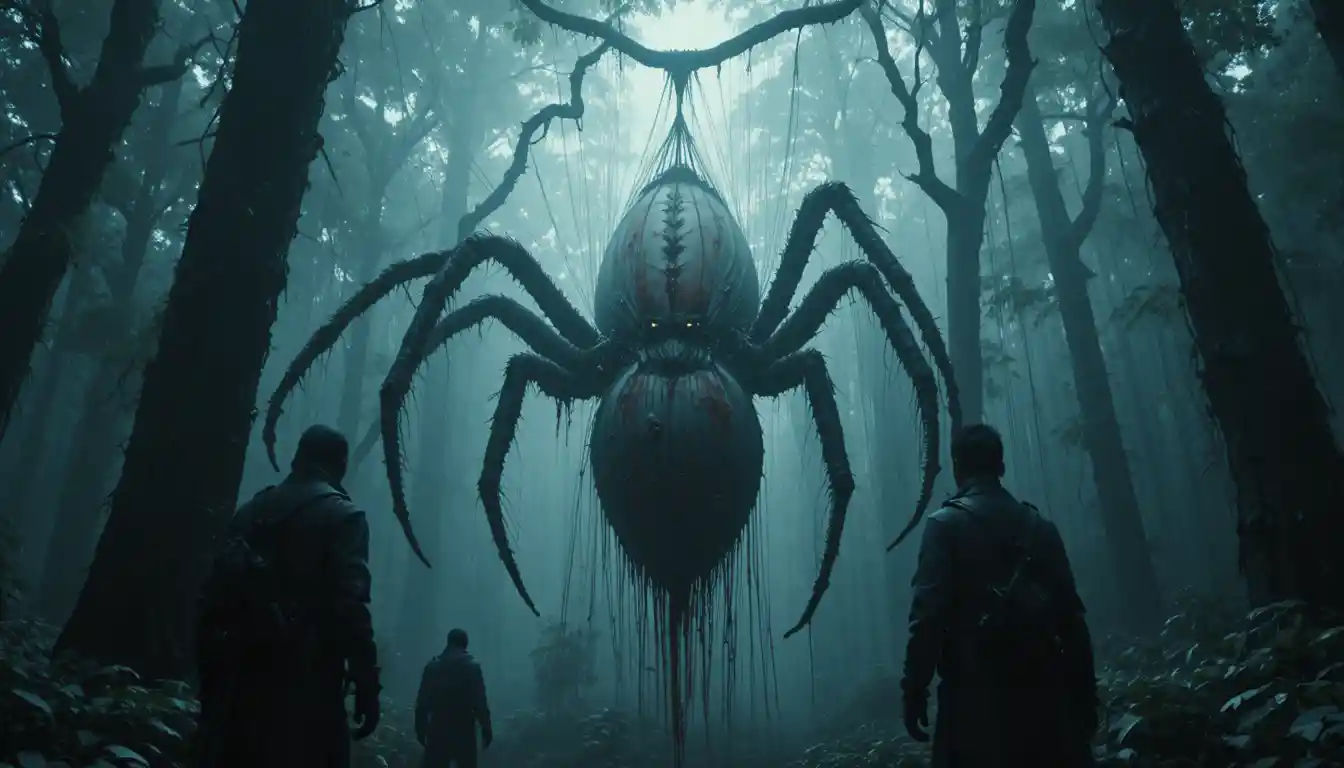 Armed figures facing a giant spider web in dark jungle