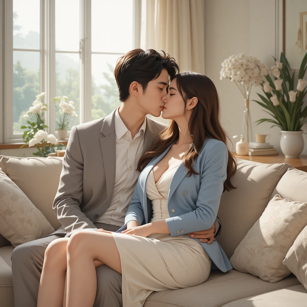 Casal de anime romântico se beijando em um sofá à luz do sol