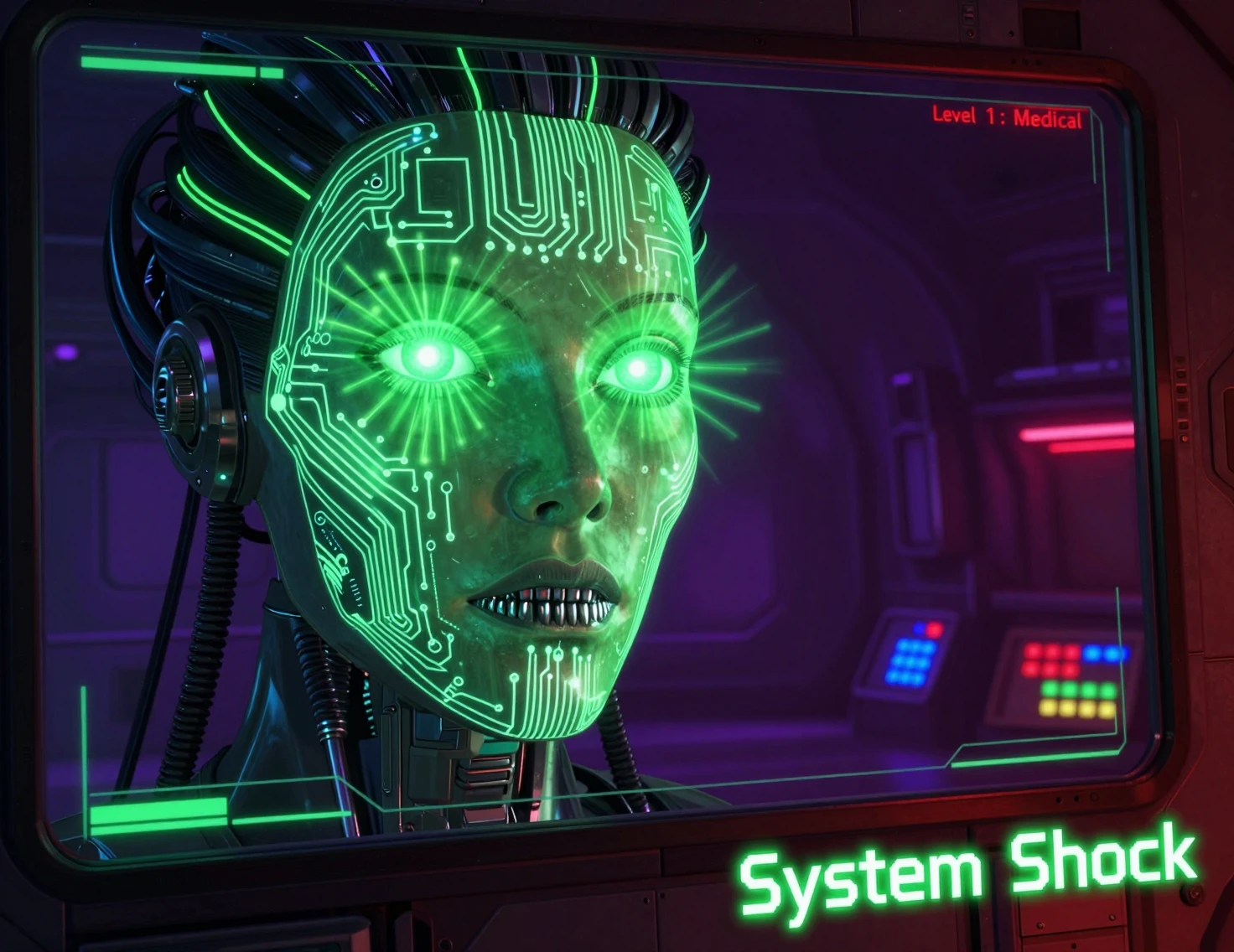 Futuristische Cyborg‑Schnittstelle in einem dunklen Raum einer Raumstation
