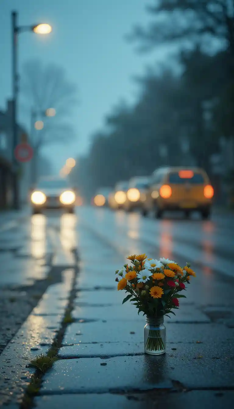 Piccolo bouquet di fiori sotto un lampione in una notte piovosa