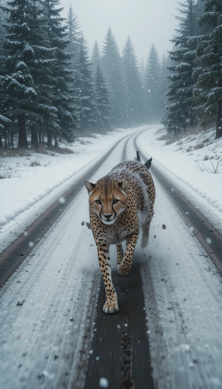 Guepardo Persiguiendo a un Lobo en una Autopista Congelada y Nevada