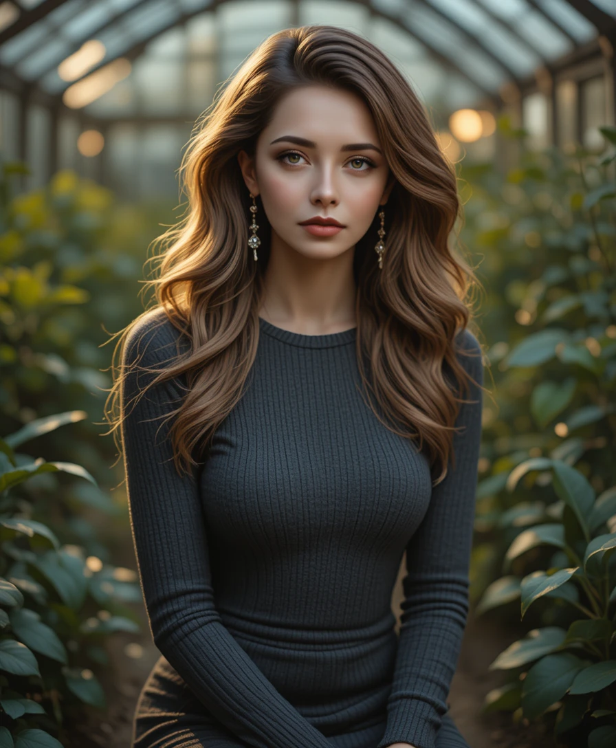 Elegant blonde woman in a cinematic greenhouse portrait