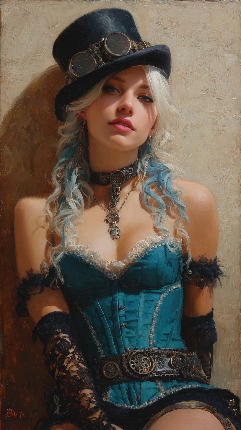Mujer steampunk de pelo blanco sentada en una ventana