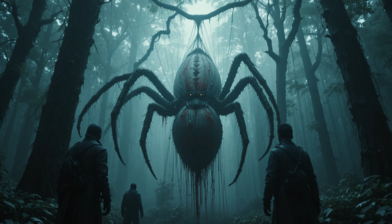 Armed figures facing a giant spider web in dark jungle
