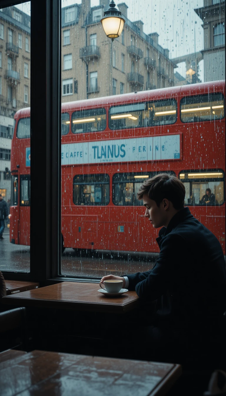 Giovane uomo solo in un caffè di Londra in un giorno di pioggia