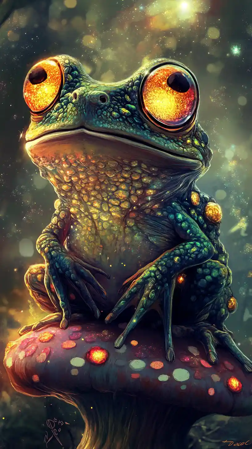 Rana surreal descansando sobre un hongo mágico y brillante