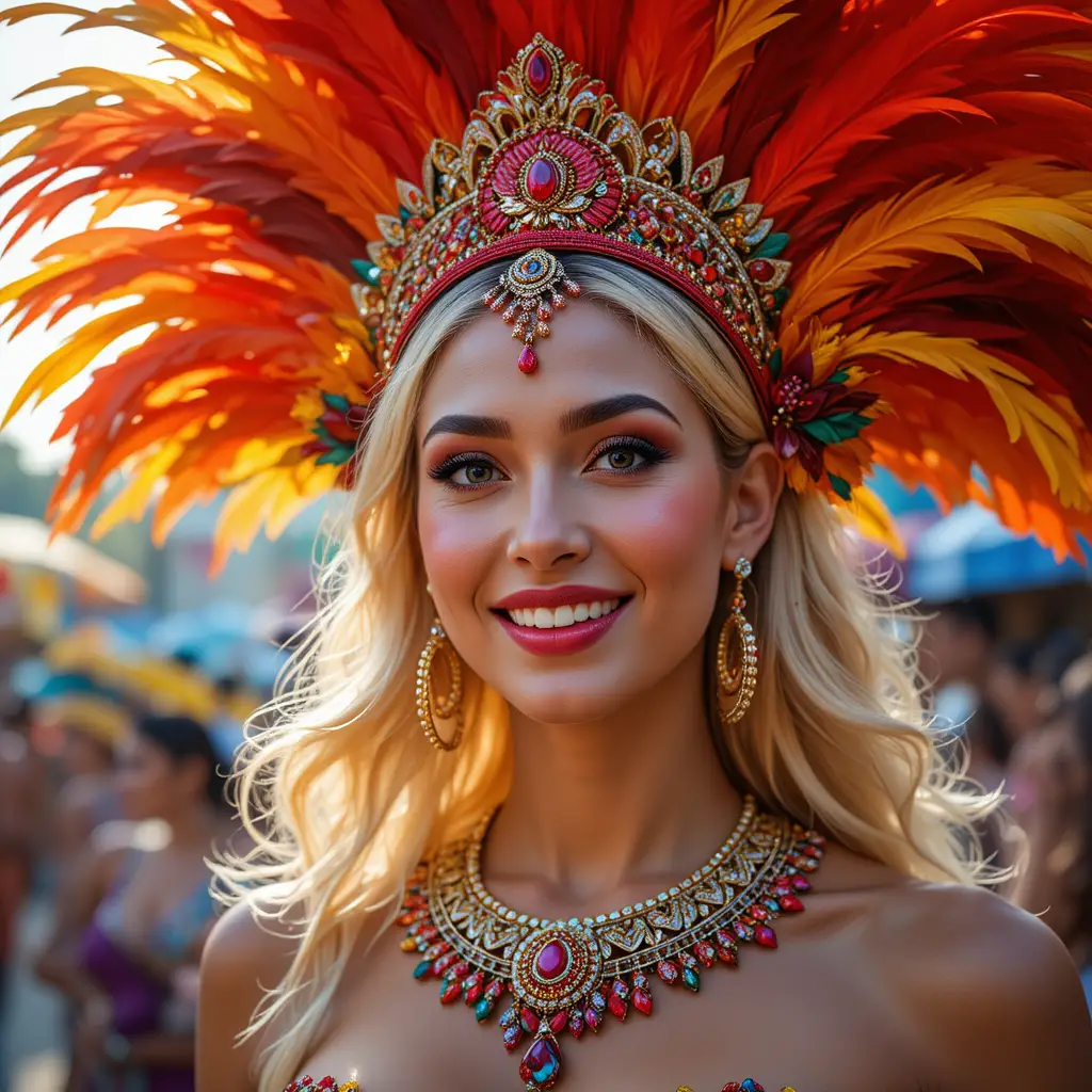 Bionda sorridente in vivace costume di carnevale con piume