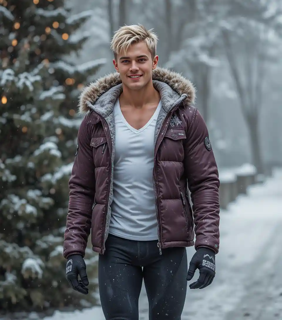 Tanned blond teen walking in winter street at night