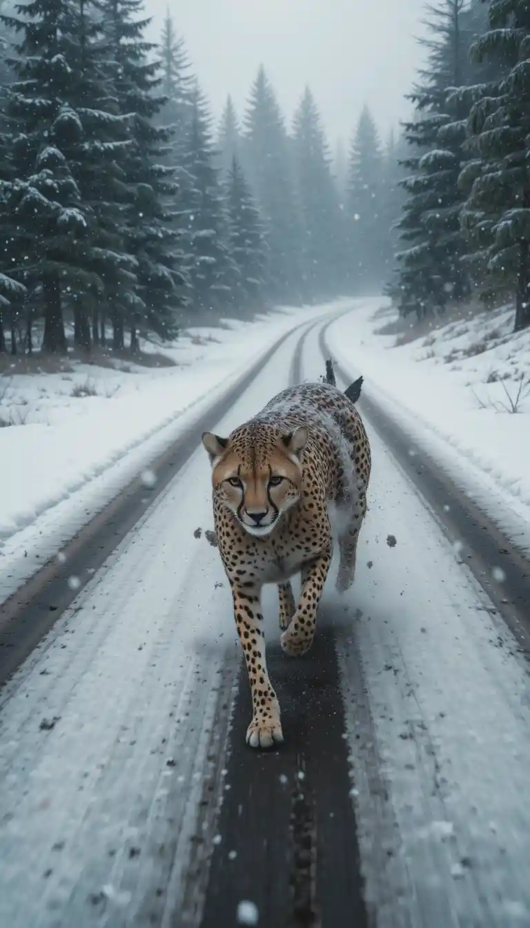 Cheetah Chasing A Wolf On Snowy Frozen Highway