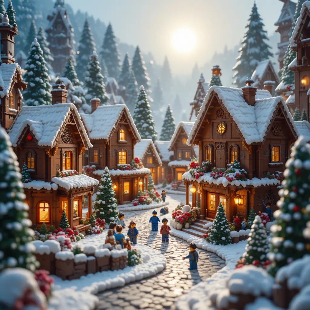 Photorealistic Lego Winter Holiday Village Under Falling Snow