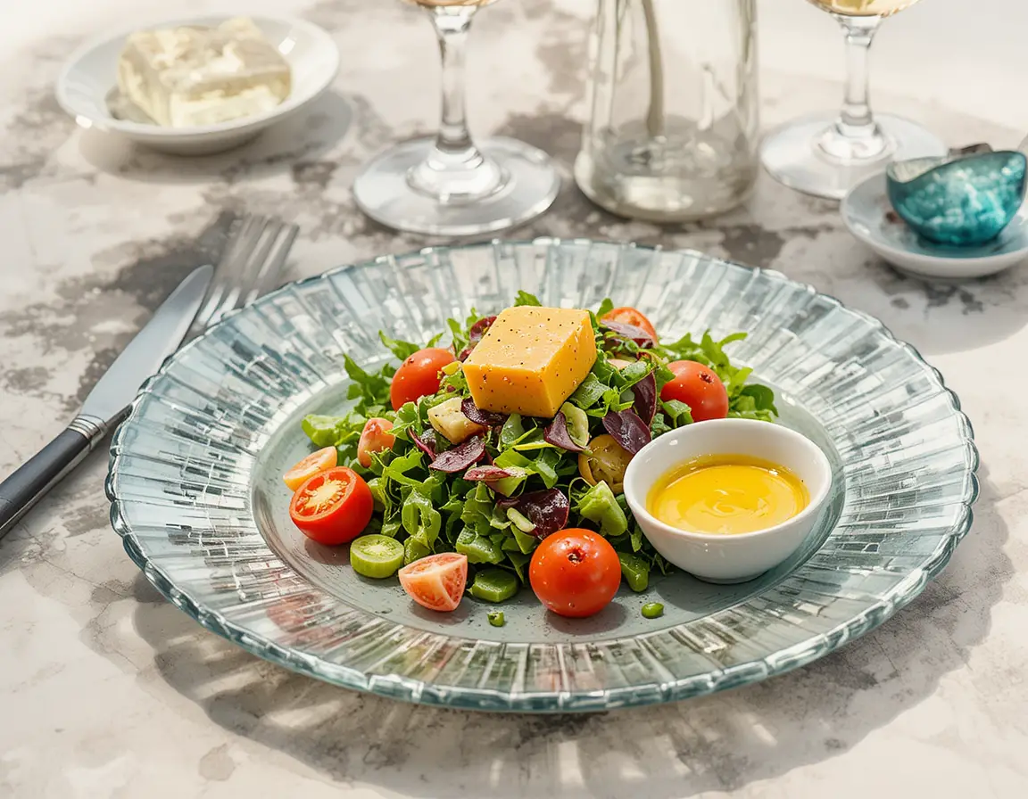 Salade mixte sur une assiette en verre élégante avec fromage et moutarde