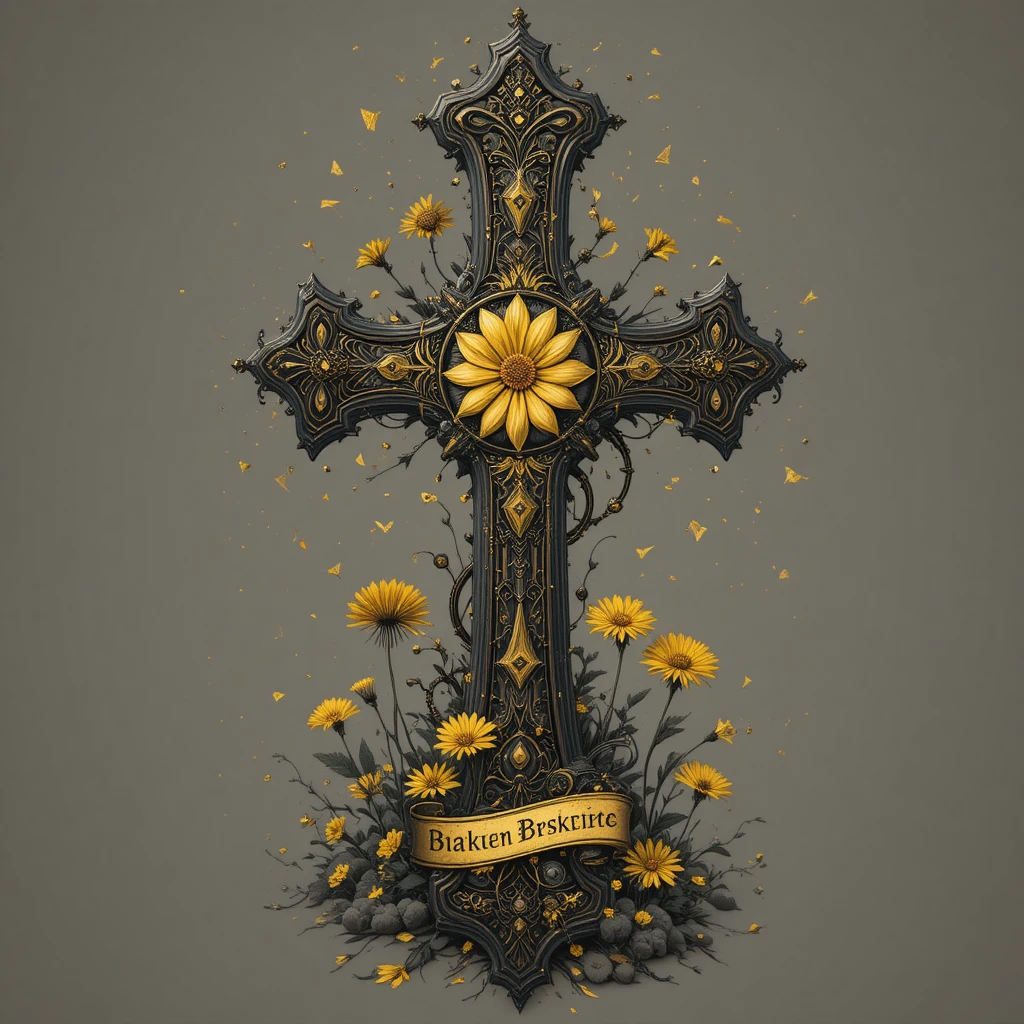 Cruz steampunk dourada com engrenagens e detalhes florais místicos